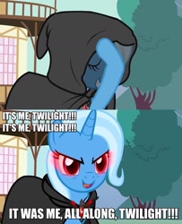 Size: 1146x1411 | Tagged: safe, imported from derpibooru, screencap, trixie, pony, unicorn, magic duel, female, hood, image macro, it's me austin, mare, meme, solo, trixie yells at everything, vince mcmahon, wrestling, wwe