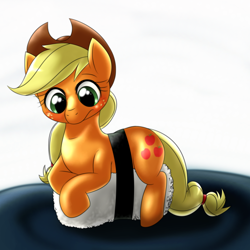 Size: 1000x1000 | Tagged: dead source, safe, artist:ushiro no kukan, imported from derpibooru, applejack, basashi, cute, female, food, jackabetes, meat, ponies in food, ponies in sushi, solo, sushi, sushi pony