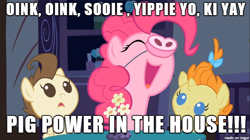 Size: 610x342 | Tagged: safe, imported from derpibooru, screencap, pinkie pie, pound cake, pumpkin cake, cake twins, gordy, image macro, meme, nostalgia critic, pig nose, piggie pie, song reference