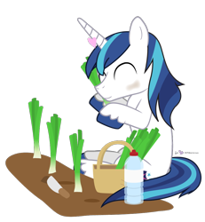 Size: 900x975 | Tagged: safe, artist:dm29, imported from derpibooru, shining armor, unicorn, basket, cute, gardening, heart, leek, male, scallion, shining adorable, simple background, smiling, solo, stallion, transparent background, water bottle