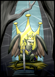 Size: 642x900 | Tagged: safe, artist:taritoons, imported from derpibooru, king grover, griffon, the lost treasure of griffonstone, crossover, crown, crown of grover, game of thrones, jewelry, male, nest, regalia, sitting, solo, sword, throne