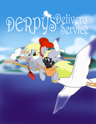 Size: 5103x6597 | Tagged: safe, artist:sonicgirl313, imported from derpibooru, derpy hooves, cat, pegasus, pony, seagull, absurd resolution, broom, female, flying, flying broomstick, kiki's delivery service, mare, parody, solo, studio ghibli