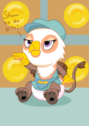 Size: 883x1248 | Tagged: safe, artist:artiecanvas, imported from derpibooru, gimme moore, griffon, the lost treasure of griffonstone, bits, chickub, cub, cute, diaper, frown, glare, hat, looking up, newsboy hat, paw pads, paws, sitting, younger