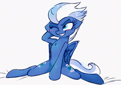 Size: 1954x1382 | Tagged: safe, artist:hiccupsdoesart, deleted from derpibooru, imported from derpibooru, night glider, pegasus, pony, semi-anthro, adorasexy, anatomically incorrect, armpits, bedroom eyes, blushing, both cutie marks, chest fluff, cute, female, flexible, floppy ears, glideabetes, grin, incorrect leg anatomy, mare, one eye closed, sexy, simple background, sitting, smiling, smirk, solo, splits, spread legs, spreading, strategically covered, sultry pose, white background, wing fluff, wink