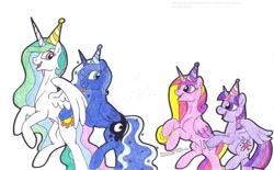Size: 1024x634 | Tagged: safe, artist:artistnjc, imported from derpibooru, princess cadance, princess celestia, princess luna, twilight sparkle, alicorn, pony, alicorn tetrarchy, butt touch, conga, female, hat, hoof on butt, looking at each other, mare, party hat, simple background, smiling, spread wings, tongue out, traditional art, twilight sparkle (alicorn)