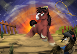 Size: 6359x4500 | Tagged: safe, artist:vinicius040598, imported from derpibooru, sheriff silverstar, trouble shoes, appleoosa's most wanted, absurd resolution, crepuscular rays, lasso, raised hoof, scene interpretation, sunset