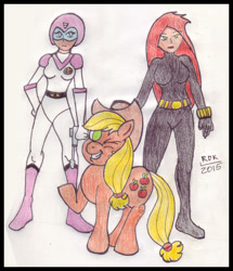 Size: 577x670 | Tagged: safe, artist:rdk, imported from derpibooru, applejack, ashleigh ball, black widow (marvel), marvel, princess allura, traditional art, voice actor, voltron