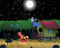 Size: 3125x2500 | Tagged: safe, artist:bigccv, imported from derpibooru, big macintosh, trixie, earth pony, pony, fanfic:the empty room, caravan, fanfic art, male, moon, night, shipping, stallion, stars, straight, the empty room, trixie's wagon, trixmac, wagon, wanderer d