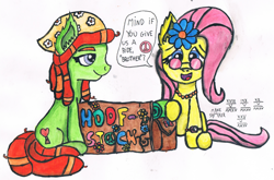 Size: 1024x675 | Tagged: safe, artist:mane-shaker, imported from derpibooru, fluttershy, tree hugger, make new friends but keep discord, 60s, backpack, bag, bandana, colored, cute, ear fluff, hippie, hippieshy, hoofstock, necklace, peace symbol, pun, traditional art, watercolor painting, woodstock