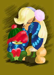 Size: 1380x1920 | Tagged: safe, artist:talonsofwater, imported from derpibooru, apple bloom, applejack, earth pony, pony, apple bloom is not amused, apple sisters, boots, bundled up, bundled up for winter, clothes, duo, earmuffs, hat, scarf, siblings, sisters, socks, winter outfit