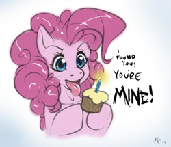 Size: 722x622 | Tagged: safe, artist:fluff-kevlar, imported from derpibooru, pinkie pie, earth pony, pony, candle, cupcake, dialogue, female, mare, open mouth, solo, tongue out