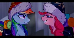 Size: 6167x3212 | Tagged: safe, artist:8bitamy, imported from derpibooru, pinkie pie, rainbow dash, pony, the lost treasure of griffonstone, absurd resolution, duo, female, grin, hat, looking at each other, mare, mongolian shepherd hat, scene interpretation, tonight you