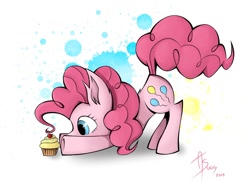 Size: 1024x795 | Tagged: safe, artist:animestrife009, imported from derpibooru, pinkie pie, cherry, cupcake, cute, diapinkes, ear fluff, face down ass up, female, paint splatter, ponk, profile, solo