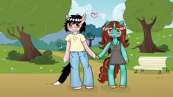 Size: 1024x576 | Tagged: safe, artist:moekonya, imported from derpibooru, oc, oc only, oc:fox, oc:tiny tales, anthro, anthro oc, blushing, clothes, dress, frilly dress, heart, in love, love, romance, shipping, tailes