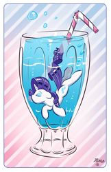 Size: 2332x3591 | Tagged: safe, artist:dilarus, deleted from derpibooru, imported from derpibooru, rarity, pony, bubble, commission, cup of pony, eyes closed, glass, micro, pop, soda, straw, swimming, underwater