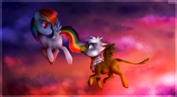 Size: 3000x1647 | Tagged: safe, artist:unilx, imported from derpibooru, gilda, rainbow dash, griffon, the lost treasure of griffonstone, filly