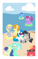 Size: 750x1159 | Tagged: safe, artist:coggler, artist:frog&cog, imported from derpibooru, berry punch, berryshine, big macintosh, bon bon, carrot top, derpy hooves, dj pon-3, golden harvest, lyra heartstrings, minuette, octavia melody, sweetie drops, vinyl scratch, earth pony, pegasus, pony, unicorn, :t, adorabon, alternate hairstyle, beach, berrybetes, bowtie, cloud, cute, cutie top, derpabetes, drink, drinking, eyes closed, female, floating, floaty, glasses, hoof hold, juice box, lesbian, licking lips, lineless, looking at you, lyrabetes, lyrabon, macabetes, male, mare, minubetes, open mouth, prone, radio, sandcastle, scratchtavia, shipping, signature, sitting, smiling, smiling at you, stallion, sunglasses, tavibetes, tongue out, vinyl, vinylbetes, wall of tags, water