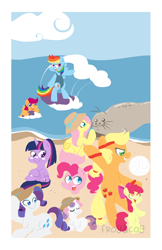 Size: 750x1159 | Tagged: safe, artist:frog&cog, imported from derpibooru, apple bloom, applejack, fluttershy, pinkie pie, rainbow dash, rarity, scootaloo, sweetie belle, twilight sparkle, alicorn, pony, seal, beach, boogieboard, clothes, cutie mark crusaders, female, mane six, mare, one-piece swimsuit, surfboard, surfing, swimsuit, twilight sparkle (alicorn), volleyball