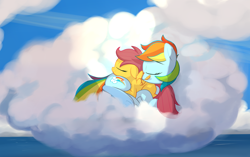 Size: 2966x1866 | Tagged: safe, artist:mostazathy, imported from derpibooru, rainbow dash, scootaloo, pegasus, pony, assisted preening, cloud, cloudy, cuddling, cute, eyes closed, female, filly, floppy ears, mare, preening, prone, scootalove, sleeping, smiling, snuggling, underhoof