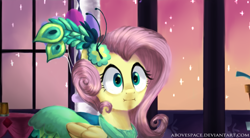 Size: 1440x796 | Tagged: safe, artist:abovespace, imported from derpibooru, fluttershy, make new friends but keep discord, :i, clothes, dress, female, gala dress, scene interpretation, solo, we bought two cakes