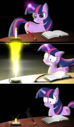 Size: 700x1200 | Tagged: safe, artist:gonein10seconds, imported from derpibooru, twilight sparkle, unicorn, book, candle, comic, female, magic, simple background, solo, unicorn twilight