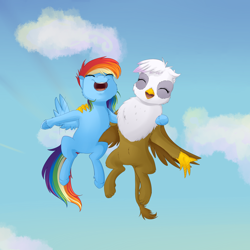 Size: 2000x2000 | Tagged: safe, artist:chiweee, imported from derpibooru, gilda, rainbow dash, griffon, the lost treasure of griffonstone, chickub, cloud, cute, dashabetes, duo, eyes closed, filly, fluffy, flying, gildadorable, junior speedsters, open mouth, sky