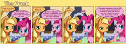 Size: 1400x489 | Tagged: safe, artist:solar-slash, imported from derpibooru, applejack, pinkie pie, comic:the prank, applejack is not amused, artifact, comic, fireworks, unamused