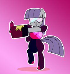 Size: 1148x1206 | Tagged: safe, artist:feralroku, imported from derpibooru, maud pie, earth pony, pony, bipedal, crossover, female, garnet (steven universe), gauntlet, solo, steven universe, visor, weapon