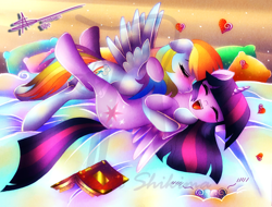 Size: 1200x912 | Tagged: safe, artist:shikimaakemi, imported from derpibooru, rainbow dash, twilight sparkle, alicorn, pegasus, pony, backwards cutie mark, book, cute, duo, female, heart, kissing, lesbian, mare, pillow, shipping, twidash, twilight sparkle (alicorn), watermark, wingboner