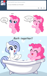 Size: 500x794 | Tagged: safe, artist:apzzang, imported from derpibooru, pinkie pie, oc, oc:frigid drift, ask frigid drift, ask, ask-grow-pinkie, bath, bathtub, bubble bath, claw foot bathtub, cute, female, filly, filly pinkie pie, tumblr