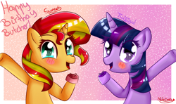 Size: 2400x1421 | Tagged: safe, artist:vixelzf, imported from derpibooru, sunset shimmer, twilight sparkle, pony, unicorn, birthday, happy birthday