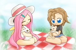 Size: 2250x1500 | Tagged: safe, artist:howxu, imported from derpibooru, angel bunny, fluttershy, oc, human, humanized, picnic