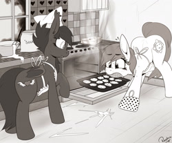 Size: 2500x2074 | Tagged: safe, artist:replica, imported from derpibooru, oc, oc only, oc:reppy, oc:speck, bat pony, pony, apron, baking, clothes, kitchen, monochrome, wide hips