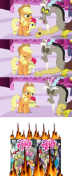 Size: 656x1600 | Tagged: safe, idw, imported from derpibooru, apple bloom, applejack, discord, make new friends but keep discord, comic drama, drama, drama bait, idw canon drama