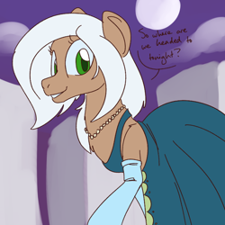 Size: 700x700 | Tagged: safe, artist:goat train, imported from derpibooru, oc, oc only, oc:almond joy, city, clothes, dialogue, dress, gloves, looking at you, moon, necklace, solo