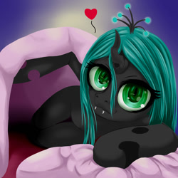 Size: 750x750 | Tagged: safe, artist:nipa, imported from derpibooru, queen chrysalis, changeling, changeling queen, bed, female, heart, pixiv, solo