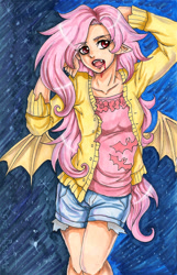 Size: 1090x1691 | Tagged: safe, artist:fir3h34rt, imported from derpibooru, fluttershy, human, bat wings, blood, clothes, female, flutterbat, humanized, solo, sweater, sweatershy, traditional art, winged humanization