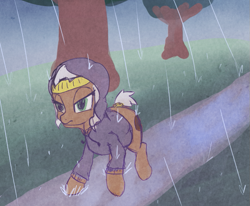 Size: 671x553 | Tagged: safe, artist:tanmansmantan, imported from derpibooru, oc, oc only, oc:almond joy, pony, clothes, hoodie, mlpgdraws, rain, running, solo