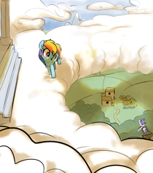 Size: 1280x1449 | Tagged: safe, artist:dotkwa, imported from derpibooru, rainbow dash, pegasus, pony, cloud, cloudy, farm, mlpgdraws, rainbow dash's house, vertigo