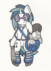 Size: 1169x1632 | Tagged: safe, artist:bobthedalek, imported from derpibooru, dj pon-3, octavia melody, vinyl scratch, earth pony, pony, unicorn, backwards cutie mark, bag, clothes, crossover, duo, glasses, jacket, markers, roller skates, scott pilgrim vs the world, traditional art