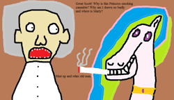 Size: 965x554 | Tagged: safe, imported from derpibooru, princess celestia, 1000 hours in ms paint, abomination, back to the future, badly drawn, cigarette, doc brown, marijuana, meta, ms paint, quality, smoking, stoned, stylistic suck, wat, why