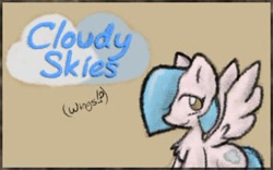 Size: 430x269 | Tagged: safe, artist:zutcha, imported from derpibooru, oc, oc only, oc:cloudy skies (pap), pegasus, pony, fanfic:the last pony on earth, ponies after people, blue hair, chest fluff, cutie mark, female, illustration, mare, pink fur, simple background, smiling, solo, spread wings, text, wings