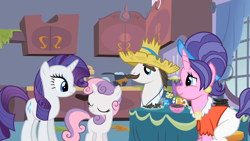 Size: 1280x720 | Tagged: safe, imported from derpibooru, screencap, cookie crumbles, hondo flanks, rarity, sweetie belle, sisterhooves social, cookieflanks, rarity's parents