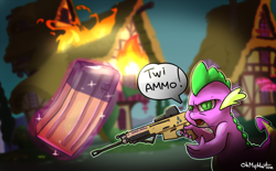 Size: 1500x932 | Tagged: safe, artist:ohmymarton, imported from derpibooru, spike, twilight sparkle, badass, eotech, epic, fire, fn scar, gun, implied twilight sparkle, levitation, magic, magpul, no trigger discipline, scar-l, stanag