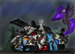 Size: 2500x1800 | Tagged: safe, artist:setharu, imported from derpibooru, rainbow dash, oc, oc:blackjack, oc:boo, oc:deus, oc:lacunae, oc:morning glory (project horizons), oc:p-21, oc:rampage, alicorn, cyborg, earth pony, pegasus, pony, unicorn, fallout equestria, fallout equestria: project horizons, amputee, artificial alicorn, cowboy hat, cutie mark, cyber legs, cybernetic legs, fallout, fanfic, fanfic art, female, flying, group, hat, hooves, horn, male, mare, ministry mares, open mouth, prone, purple alicorn (fo:e), spread wings, stallion, tank (vehicle), wings