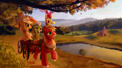 Size: 900x500 | Tagged: safe, artist:reddwin, imported from derpibooru, apple bloom, applejack, big macintosh, granny smith, earth pony, pony, journey, lake, leaves, male, reflection, scenery, singing, stallion, sweet apple acres, water