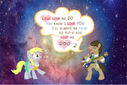 Size: 1024x690 | Tagged: safe, artist:arimovergremrider, imported from derpibooru, derpy hooves, doctor whooves, time turner, pony, alternate hairstyle, blushing, british, clothes, doctor who, doctorderpy, dress, guitar, heart, love me do, male, muffin, musical instrument, necktie, shipping, song, song reference, space, stallion, straight, the beatles