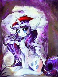 Size: 2127x2819 | Tagged: safe, artist:wilvarin-liadon, imported from derpibooru, rarity, beret, chest fluff, ear fluff, female, solo, traditional art, watercolor painting