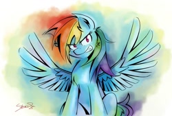 Size: 1024x693 | Tagged: safe, artist:animestrife009, imported from derpibooru, rainbow dash, female, solo, spread wings