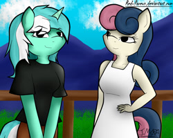 Size: 1280x1024 | Tagged: safe, artist:red-flareon, imported from derpibooru, bon bon, lyra heartstrings, anthro, clothes